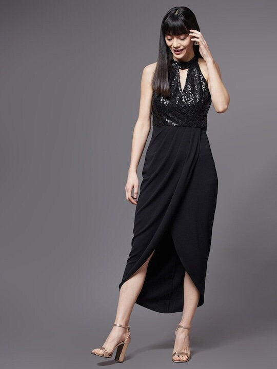Women Black Keyhole Neck Maxi Dress
