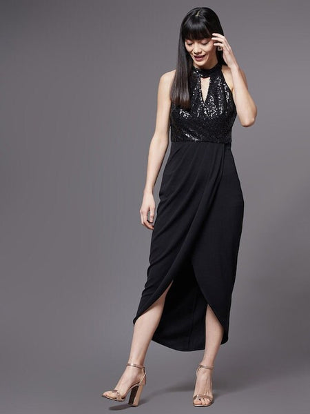 Women Black Keyhole Neck Maxi Dress, Indo-Western Dress, Party Wear Indian Outfit, Wedding wear outfit, Maxi Gown Dress, Fit and Flare Dress VitansEthnics