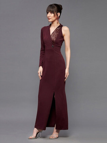 Women Embellished One Sleeve Maxi Dress, Indo-Western Dress, Party Wear Indian Outfit, Wedding wear outfit, Wine embellished wrap dress VitansEthnics