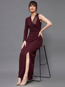 Women Embellished One Sleeve Maxi Dress, Indo-Western Dress, Party Wear Indian Outfit, Wedding wear outfit, Wine embellished wrap dress VitansEthnics