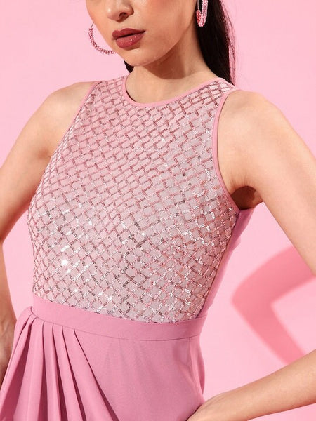 Women Pink Sequinned Wrap Midi Dress, Indo-Western Dress, Party Wear Indian Outfit, Wedding wear outfit, Evening Midi Dress VitansEthnics