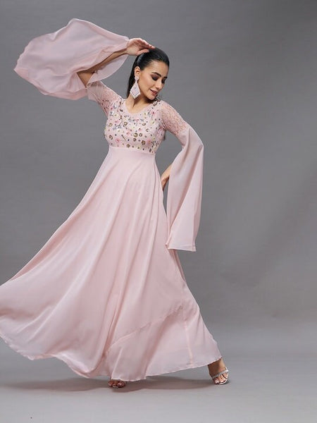 Embellished Statement Sleeves V-Neck A-Line Party Dress For Women, Indo Western Dress, Party Wear Indian Dress, Fusion Wear, Maxi Gown Dress VitansEthnics