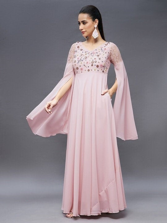 Embellished Statement Sleeves V-Neck A-Line Party Dress For Women, Indo Western Dress, Party Wear Indian Dress, Fusion Wear, Maxi Gown Dress VitansEthnics
