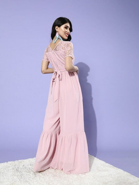 Women Pretty Pink Solid Lacework and Sheer Jumpsuit, Indo Western Dress, Party Wear Indian Dress, Jumpsuits, Fusion Wear, Wedding Wear VitansEthnics