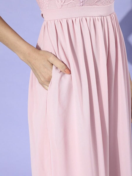 Women Pretty Pink Solid Lacework and Sheer Jumpsuit, Indo Western Dress, Party Wear Indian Dress, Jumpsuits, Fusion Wear, Wedding Wear VitansEthnics