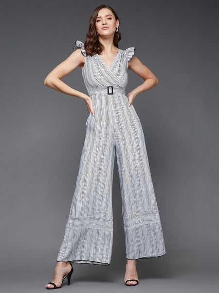 Self design Striped V-Neck Jumpsuit For Women, Indo Western Dress, Party Wear Indian Dress, Jumpsuits, Fusion Wear Outfit, Wedding Wear VitansEthnics