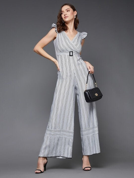 Self design Striped V-Neck Jumpsuit For Women, Indo Western Dress, Party Wear Indian Dress, Jumpsuits, Fusion Wear Outfit, Wedding Wear VitansEthnics