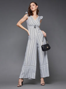 Self design Striped V-Neck Jumpsuit For Women, Indo Western Dress, Party Wear Indian Dress, Jumpsuits, Fusion Wear Outfit, Wedding Wear VitansEthnics