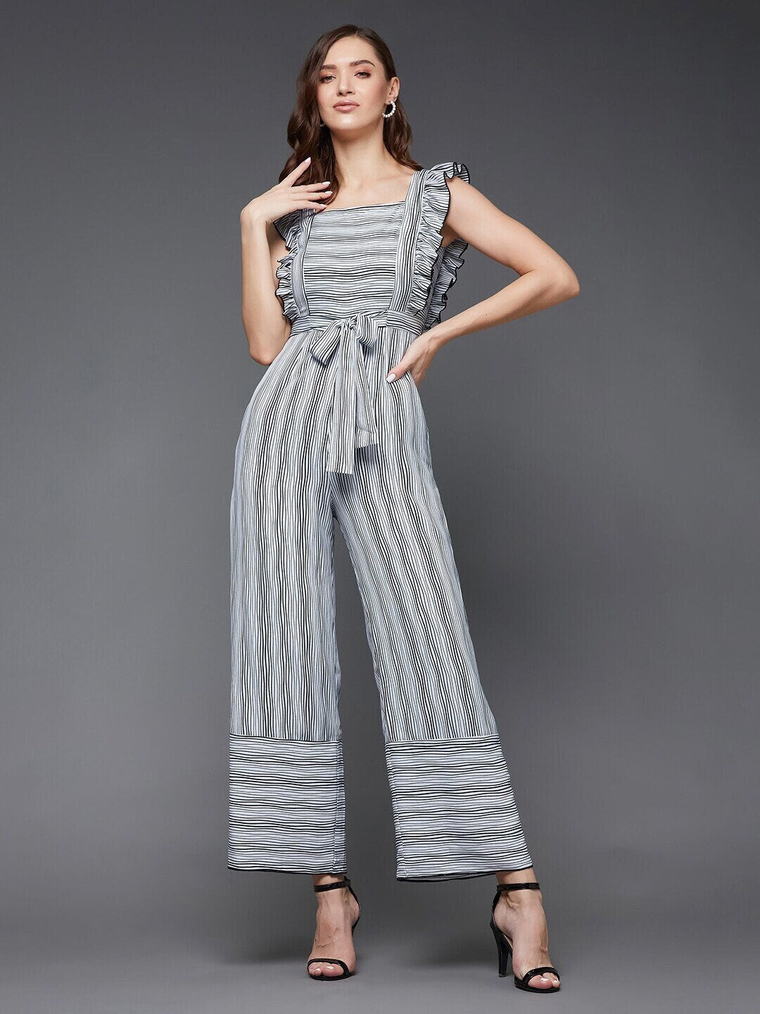 Self design Striped Ruffles Jumpsuit For Women, Indo Western Dress, Party Wear Indian Dress, Jumpsuits, Fusion Wear Outfit, Wedding Wear VitansEthnics