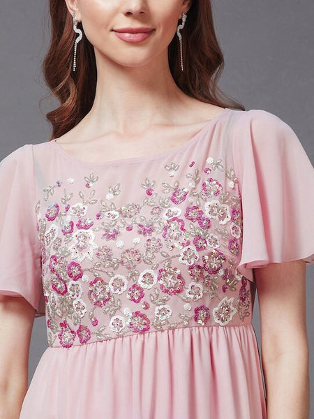 Pink Embellished Embroidered Georgette Maxi Dress For Women, Indo Western Dress, Party Wear Indian Dress, Fusion Wear, Maxi Gown Dress VitansEthnics