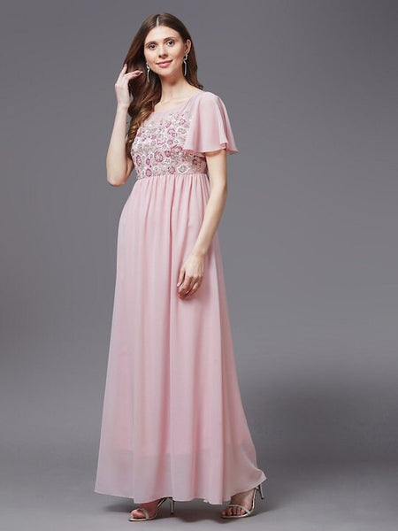 Pink Embellished Embroidered Georgette Maxi Dress For Women, Indo Western Dress, Party Wear Indian Dress, Fusion Wear, Maxi Gown Dress VitansEthnics