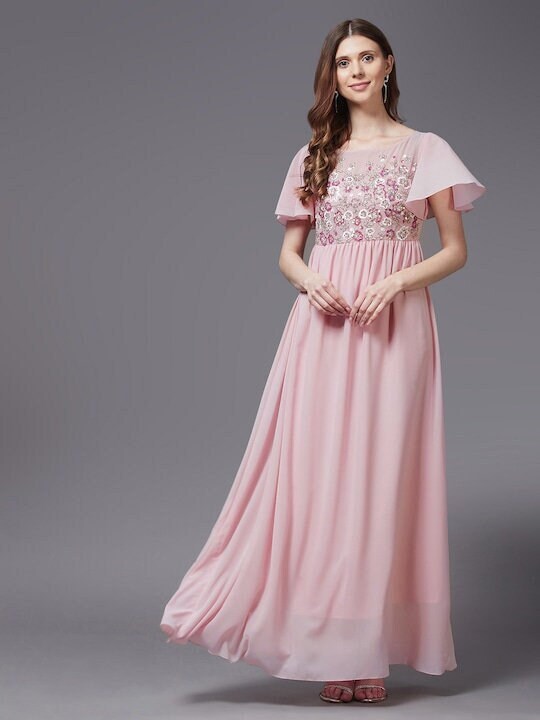 Pink Embellished Embroidered Georgette Maxi Dress For Women, Indo Western Dress, Party Wear Indian Dress, Fusion Wear, Maxi Gown Dress VitansEthnics