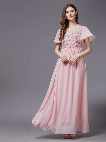 Pink Embellished Embroidered Georgette Maxi Dress For Women, Indo Western Dress, Party Wear Indian Dress, Fusion Wear, Maxi Gown Dress VitansEthnics