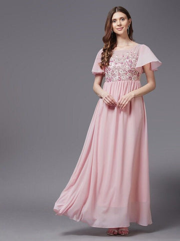 Pink Embellished Embroidered Georgette Maxi Dress For Women, Indo Western Dress, Party Wear Indian Dress, Fusion Wear, Maxi Gown Dress VitansEthnics