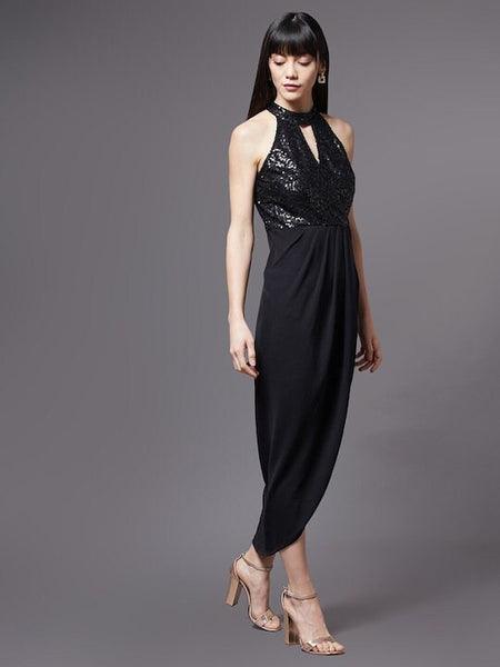 Women Black Keyhole Neck Maxi Dress, Indo-Western Dress, Party Wear Indian Outfit, Wedding wear outfit, Maxi Gown Dress, Fit and Flare Dress VitansEthnics