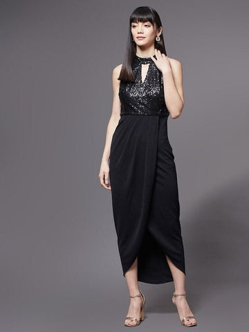 Women Black Keyhole Neck Maxi Dress, Indo-Western Dress, Party Wear Indian Outfit, Wedding wear outfit, Maxi Gown Dress, Fit and Flare Dress VitansEthnics