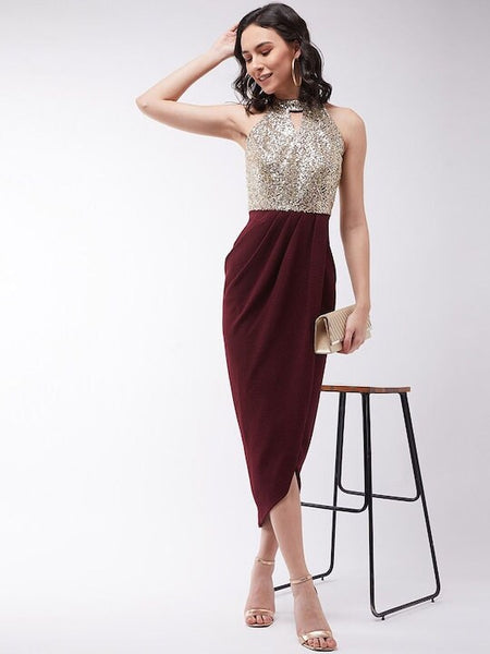 Women Red Embellished Crepe Sheath Midi Dress, Indo-Western Dress, Party Wear Indian Outfit, Wedding wear outfit, Evening Midi Dress VitansEthnics