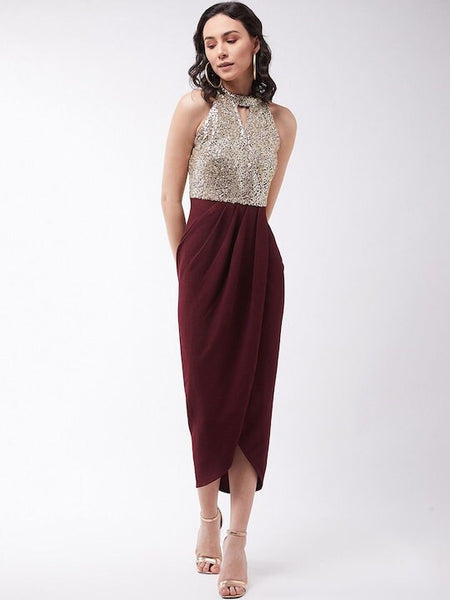 Women Red Embellished Crepe Sheath Midi Dress, Indo-Western Dress, Party Wear Indian Outfit, Wedding wear outfit, Evening Midi Dress VitansEthnics