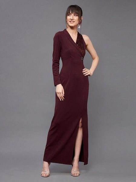 Women Embellished One Sleeve Maxi Dress, Indo-Western Dress, Party Wear Indian Outfit, Wedding wear outfit, Wine embellished wrap dress VitansEthnics
