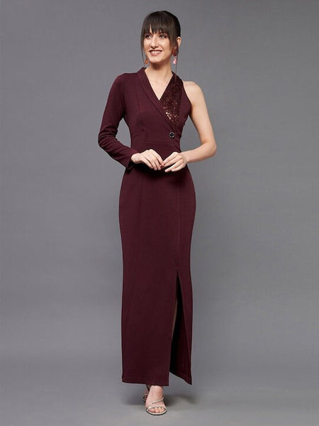 Women Embellished One Sleeve Maxi Dress, Indo-Western Dress, Party Wear Indian Outfit, Wedding wear outfit, Wine embellished wrap dress VitansEthnics