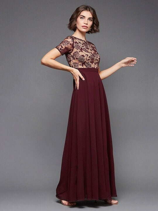 Floral Lace Insert Maxi Dress For Women Indo Western S / Maroon