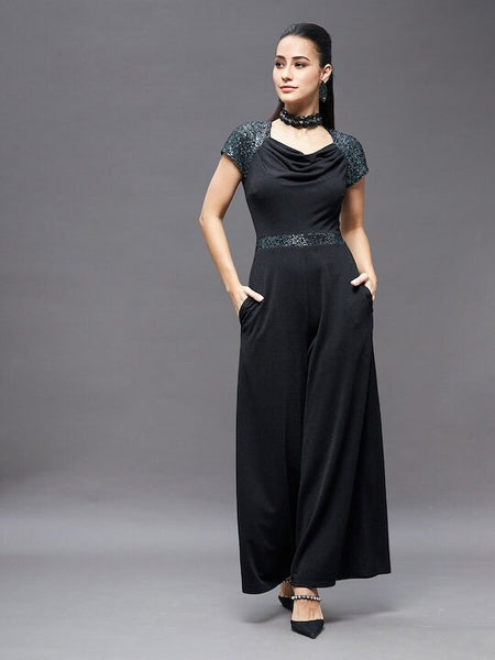Women Cowl Neck Raglan Embellished Sleeve With Wide Leg Jumpsuit, Indo Western Dress, Party Wear Indian Dress, Jumpsuits, Fusion Wear Outfit VitansEthnics