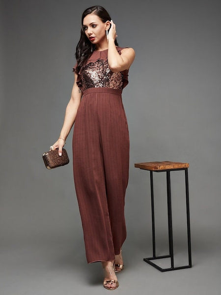 Burgundy Embellished Sequinned Solid Frilled Jumpsuit (Copy) VitansEthnics