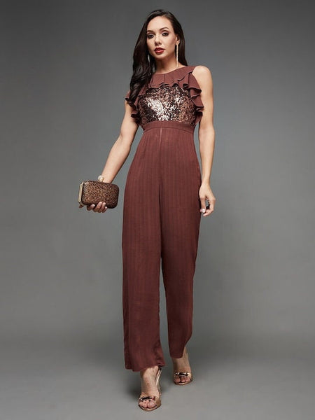 Burgundy Embellished Sequinned Solid Frilled Jumpsuit (Copy) VitansEthnics