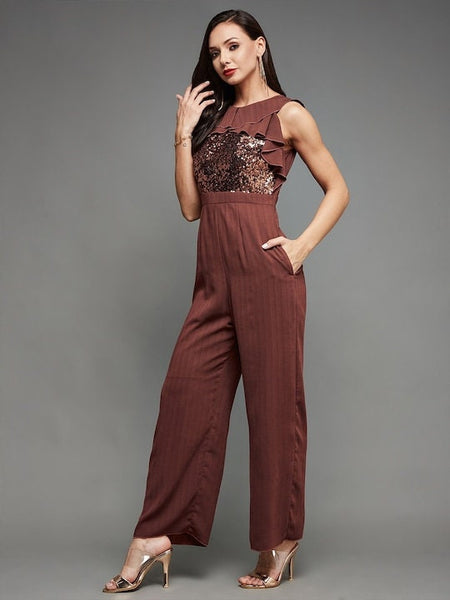 Burgundy Embellished Sequinned Solid Frilled Jumpsuit, Indo Western Dress, Party Wear Indian Dress, Jumpsuits, Fusion Wear Outfit VitansEthnics