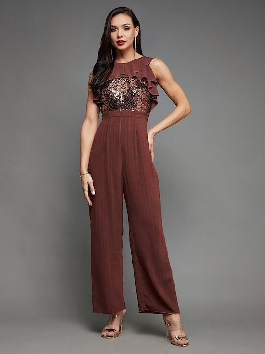 Burgundy Embellished Sequinned Solid Frilled Jumpsuit, Indo Western Dress, Party Wear Indian Dress, Jumpsuits, Fusion Wear Outfit VitansEthnics