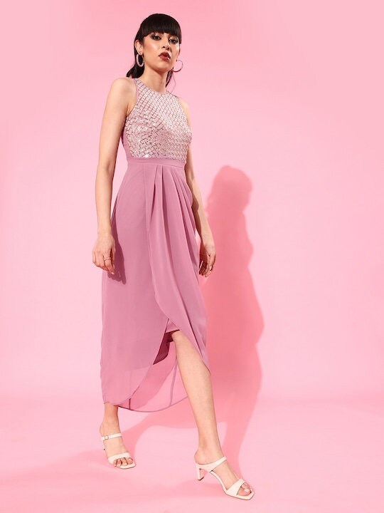 midi western dress for women party wear Women Pink Sequinned Wrap Midi Dress Indo Western Dress – VitansEthnics