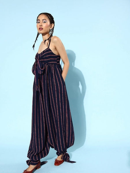 Women Deep Navy Blue Striped Twist & Knot Jumpsuit, Indo Western Dress, Party Wear Indian Dress, Jumpsuits, Fusion Wear outfit VitansEthnics