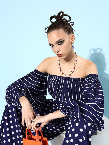 Women Navy Blue Striped Jumpsuit, Printed Vacay Attire, Indo Western Dress, Party Wear Indian Dress, Jumpsuits, Fusion Wear outfit VitansEthnics