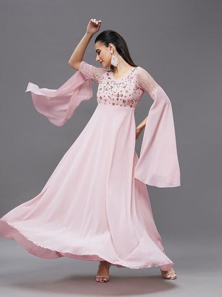 Embellished Statement Sleeves V-Neck A-Line Party Dress For Women, Indo Western Dress, Party Wear Indian Dress, Fusion Wear, Maxi Gown Dress VitansEthnics
