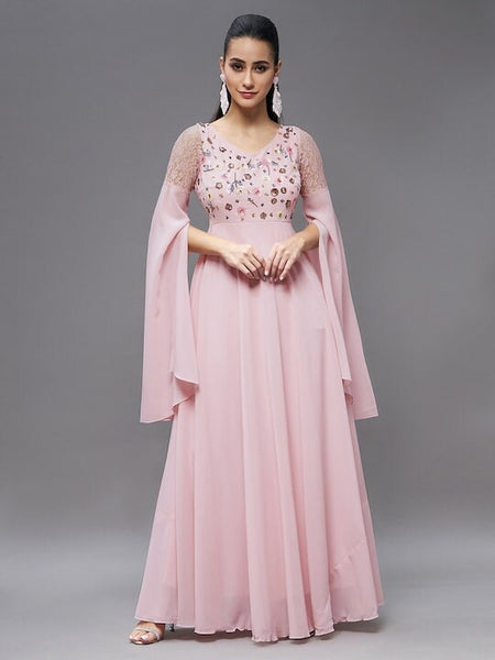 Embellished Statement Sleeves V-Neck A-Line Party Dress For Women, Indo Western Dress, Party Wear Indian Dress, Fusion Wear, Maxi Gown Dress VitansEthnics