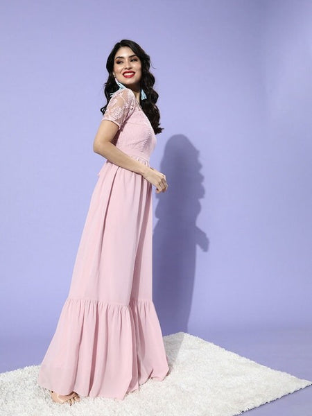 Women Pretty Pink Solid Lacework and Sheer Jumpsuit, Indo Western Dress, Party Wear Indian Dress, Jumpsuits, Fusion Wear, Wedding Wear VitansEthnics