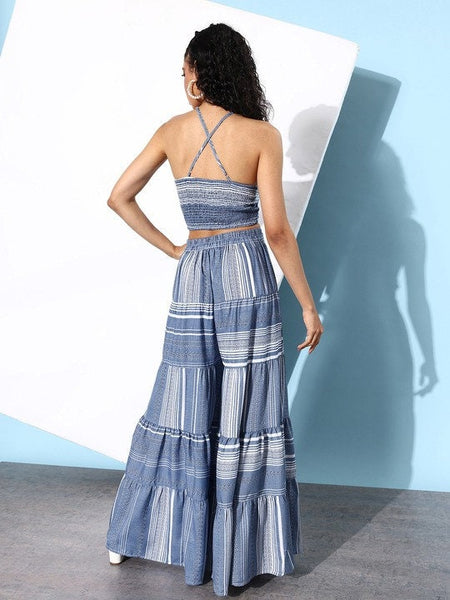 Women Stunning Blue Striped Crop Top with Sharara Pants, Indo Western Ethnic Set, Printed Crop top with Sharara, Fusion Outfit, Co-ords Set VitansEthnics