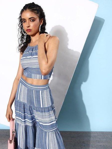 Women Stunning Blue Striped Crop Top with Sharara Pants, Indo Western Ethnic Set, Printed Crop top with Sharara, Fusion Outfit, Co-ords Set VitansEthnics