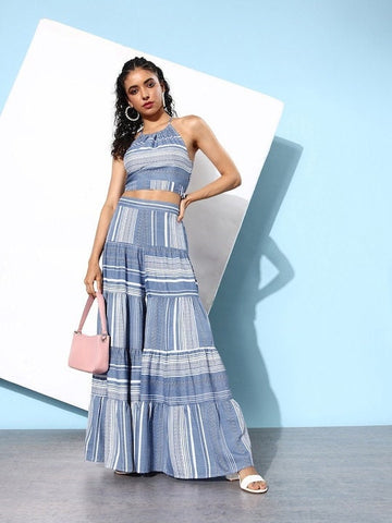 Women Stunning Blue Striped Crop Top with Sharara Pants, Indo Western Ethnic Set, Printed Crop top with Sharara, Fusion Outfit, Co-ords Set VitansEthnics