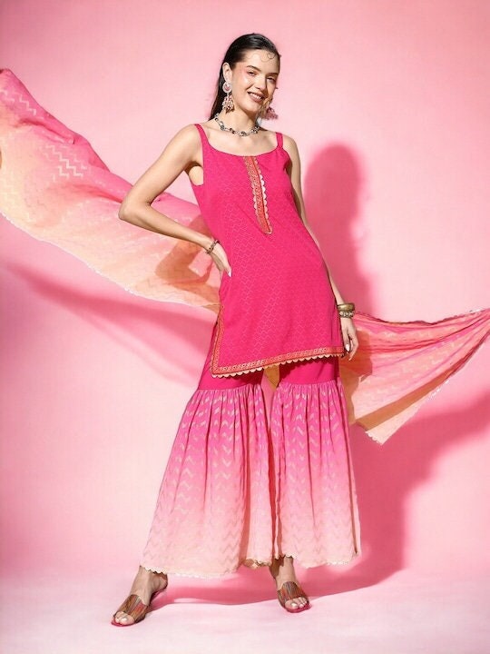Ombre Printed Shoulder Straps Straight Kurta And Sharara Set With Dupatta, Kurti Set, Indo Western Outfit, Indian Dress For Women VitansEthnics
