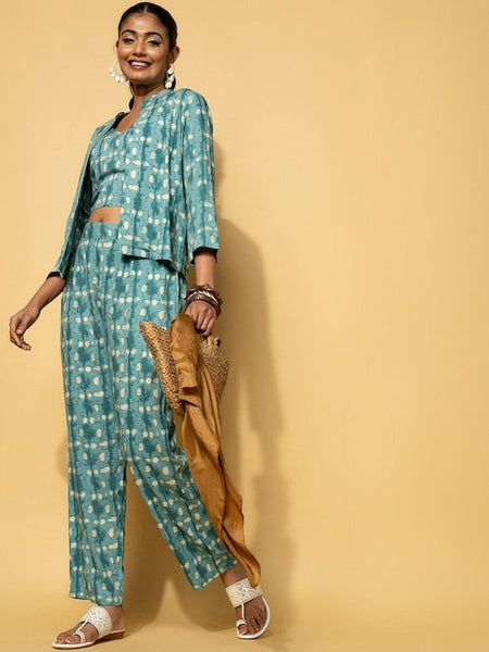 Ethnic Printed Crop Top With Palazzos & Shrug Set, Indo Western Ethnic Set, Printed Crop top with palazzo and Jacket Set, Fusion Outfit VitansEthnics
