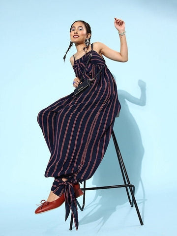 Women Deep Navy Blue Striped Twist & Knot Jumpsuit, Indo Western Dress, Party Wear Indian Dress, Jumpsuits, Fusion Wear outfit VitansEthnics