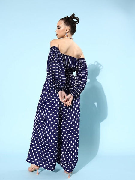 Women Navy Blue Striped Jumpsuit, Printed Vacay Attire, Indo Western Dress, Party Wear Indian Dress, Jumpsuits, Fusion Wear outfit VitansEthnics