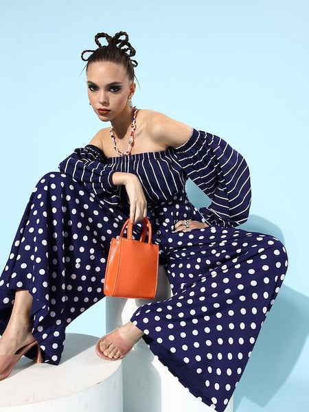 Women Navy Blue Striped Jumpsuit, Printed Vacay Attire, Indo Western Dress, Party Wear Indian Dress, Jumpsuits, Fusion Wear outfit VitansEthnics
