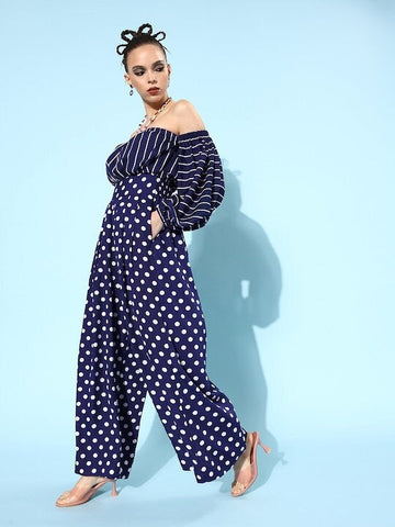 Women Navy Blue Striped Jumpsuit, Printed Vacay Attire, Indo Western Dress, Party Wear Indian Dress, Jumpsuits, Fusion Wear outfit VitansEthnics