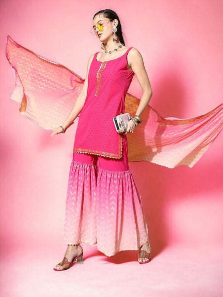 Ombre Printed Shoulder Straps Straight Kurta And Sharara Set With Dupatta, Kurti Set, Indo Western Outfit, Indian Dress For Women VitansEthnics