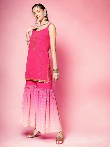 Ombre Printed Shoulder Straps Straight Kurta And Sharara Set With Dupatta, Kurti Set, Indo Western Outfit, Indian Dress For Women VitansEthnics