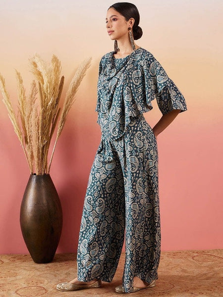 Printed Kaftan Style Kurta With Palazzo For Women, Paisley Printed Top & Trouser, Indian Suit Set, Indo Western Outfit, Indian Dress VitansEthnics