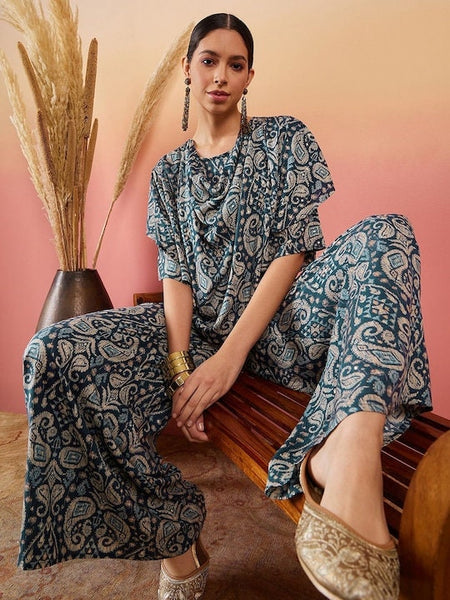 Printed Kaftan Style Kurta With Palazzo For Women, Paisley Printed Top & Trouser, Indian Suit Set, Indo Western Outfit, Indian Dress VitansEthnics