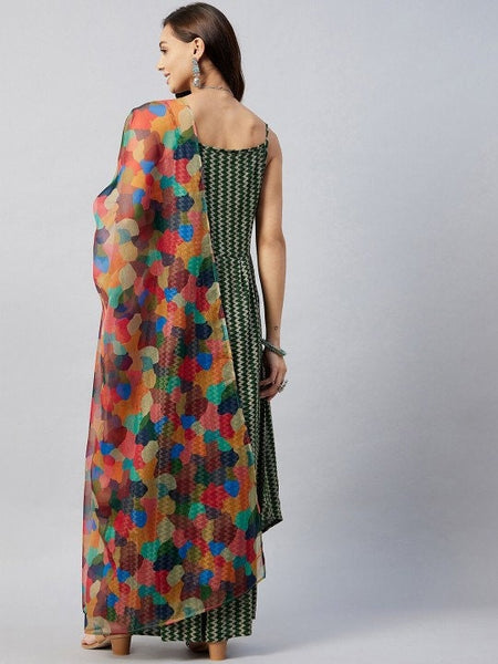 Women Green Printed Kurta with Palazzos and Dupatta, Chevron Printed Top & Palazzo Set, Indian Suit Set, Indo Western Outfit, Indian Dress VitansEthnics